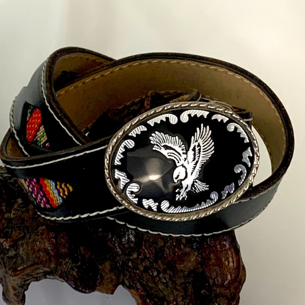 Cowtown Western Belt Black Silver Eagle Buckle Sz 28 NWOT